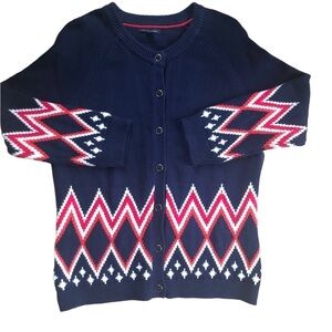 Tommy Hilfiger Navy Red Zigzag Cardigan Sweater L Button Up SOFT Argyle Fall
